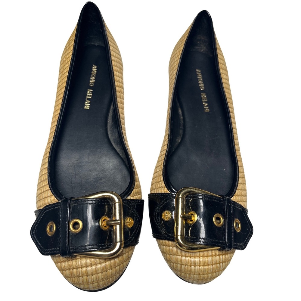Antonio Melani Woven Straw Patent Buckle Flats Black Tan Women 8M Preppy